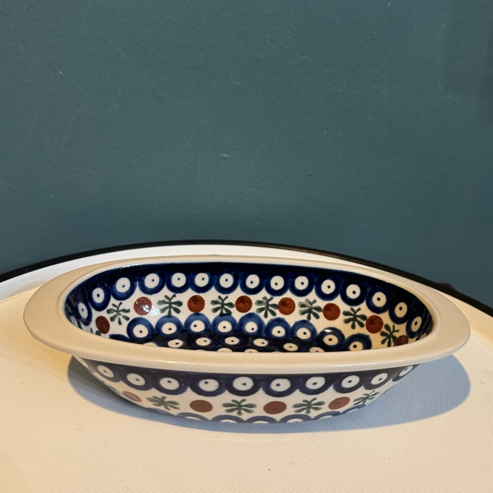 Boleslawiec Polish Pottery Oval Baking Dish - 4.75”x 8.25” Cream & Blue